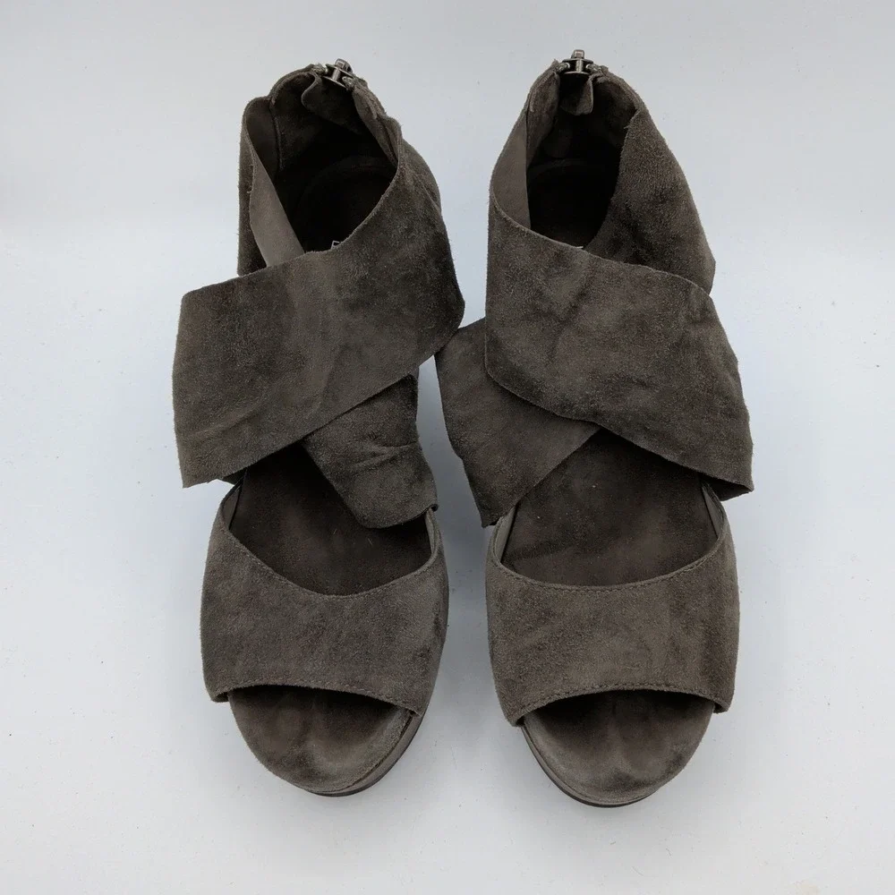 Eileen Fisher Womens Taupe Suede Ruffle Wedge Sandals Open Toe Back Zip Size 8.5